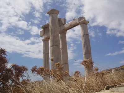 Delos is a small, rocky island just west of Mykonos in Greece.