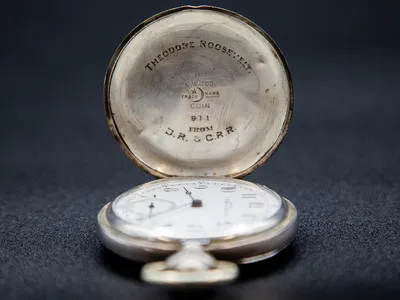 The watch is engraved with the words, &quot;THEODORE ROOSEVELT FROM D.R. &amp; C.R.R.&quot;