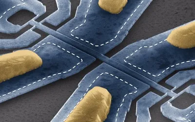 An electron scanning micrograph of the molecule-weighing device. When a molecule lands on the bridge-like portion at the center, it vibrates at a frequency that indicates its mass.