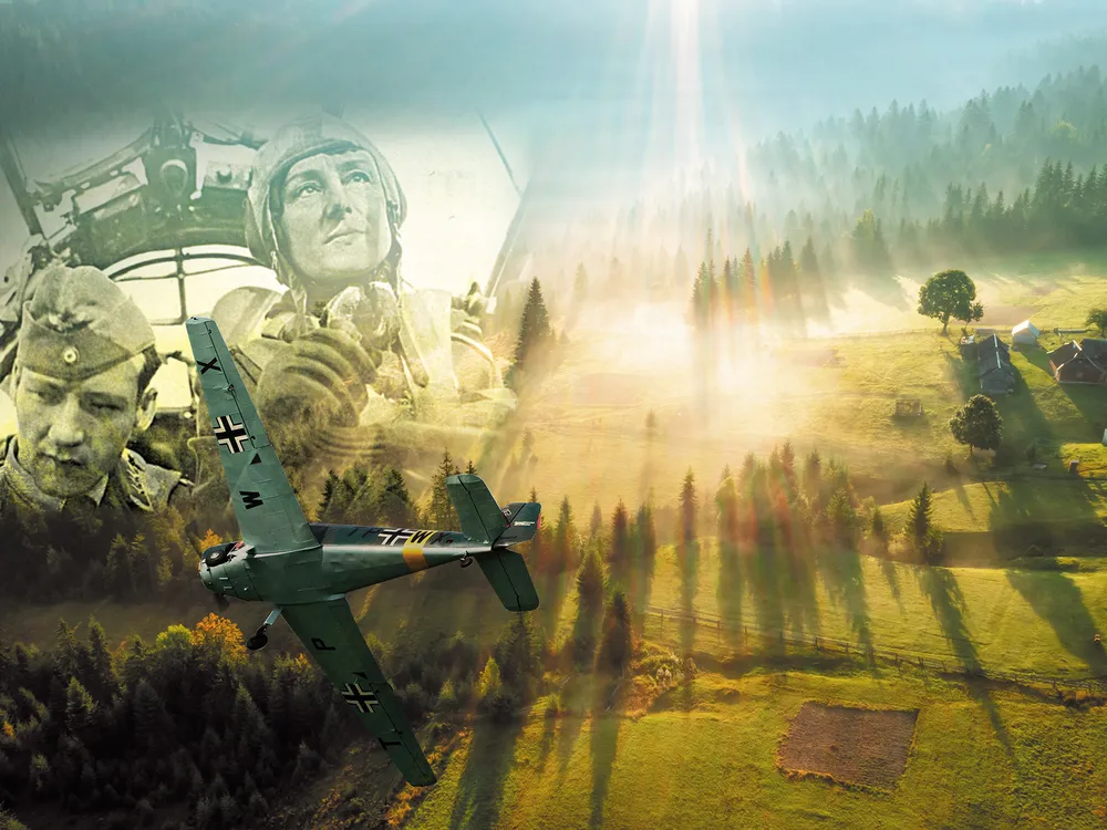 A composite of multiple images. In the background is a landscape of pine trees and fields. Over it in speia tone is an image of pilots in military uniforms. In the foreground is a grey airplane, banked in a turn.