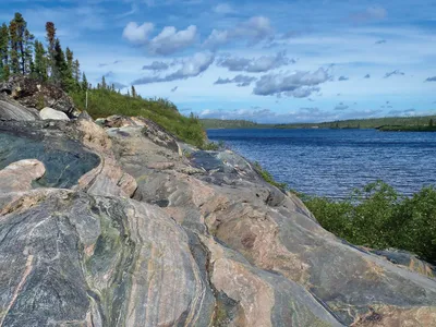 A slab of multicolored, sedimentary rock is pictured with vibrant trees and water surrounding it.