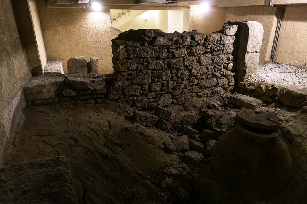 Section of Athens' medieval city wall, the Rizokastro, as preserved in the basement of the Paul and Alexandra Canellopoulos Museum