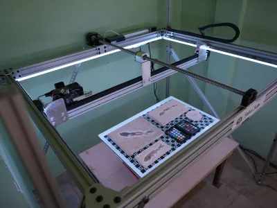 PaleoScan operates at Pl&aacute;cido Cidade Nuvens Museum of Paleontology (known by the Portuguese abbreviation MPPCN) in Brazil. For a typical procedure, multiple fossils are placed together on the calibration board to be scanned simultaneously.