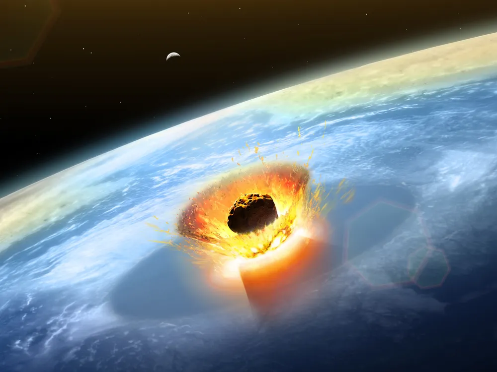 An artist's rendering of a large asteroid hitting Earth